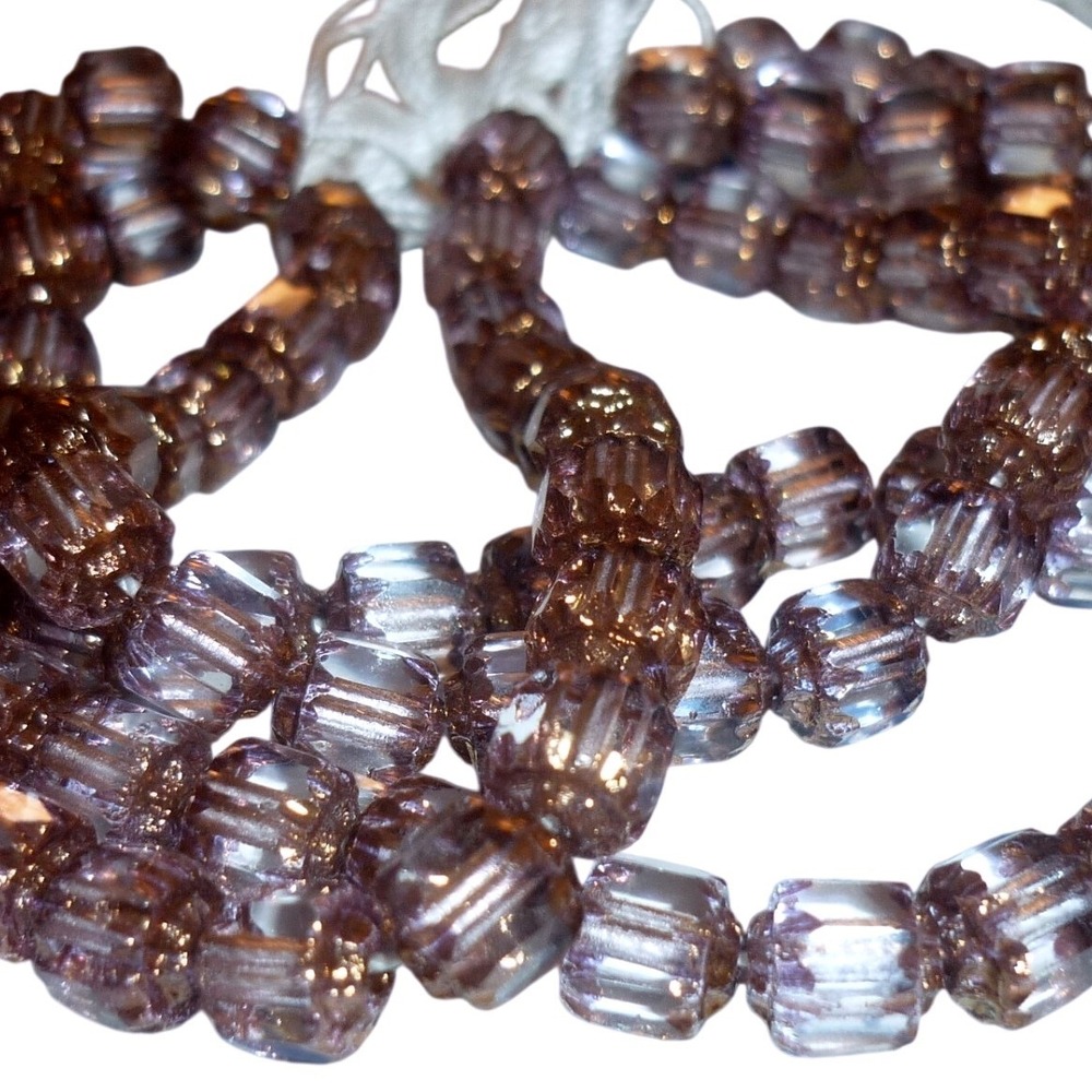 Vintage Czech Glass Beads Hanks Light Purple Amethyst Gold Wash Fluted Barrel‎
